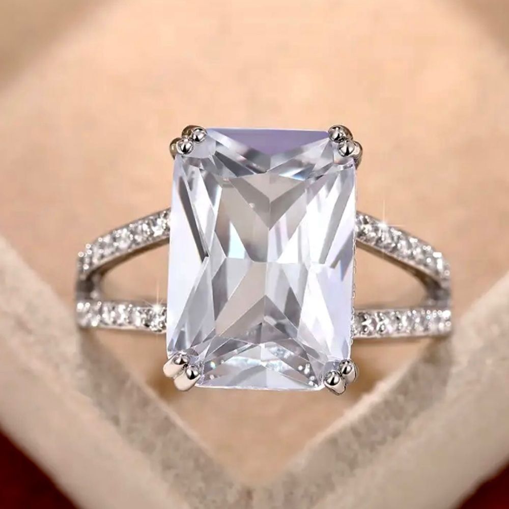 Large, radiant cut Solitaire bridal engagement wedding ring w pavé rhinestones